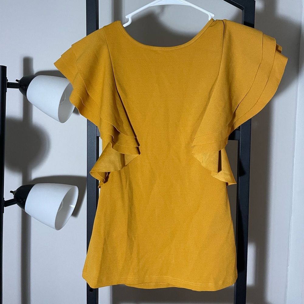 a'gaci Mustard Blouse with Ruffle Sleeves